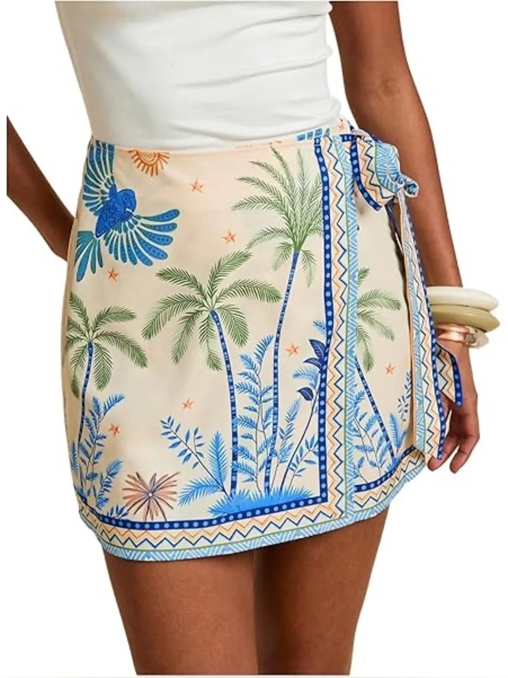Tropical Palm Print Wrap Skirt - Blue & Cream. Size L. New with tags.